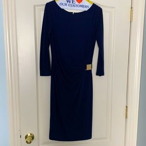 Navy blue faux wrap midi length dress